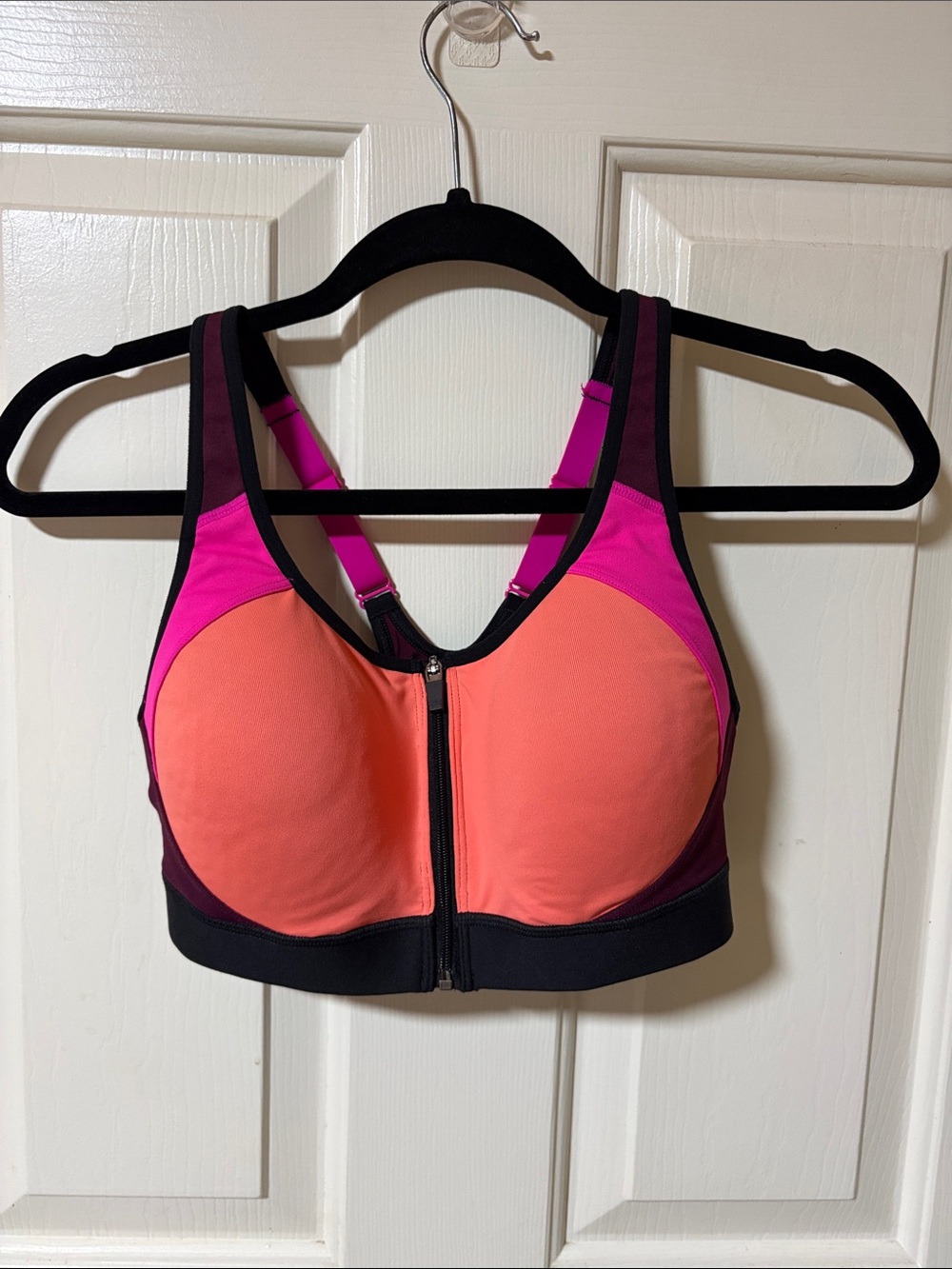 Champion Padded Racerback Wireless Sport Bra W Zip Front Sz M Coral & Magenta